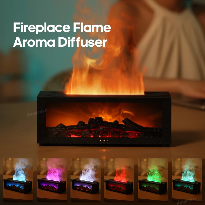 Kinscoter Simulated Fireplace Aroma Diffuser 150ml Flame Air Humidifier with Remote and Waterless Auto Off for Christmas Gift