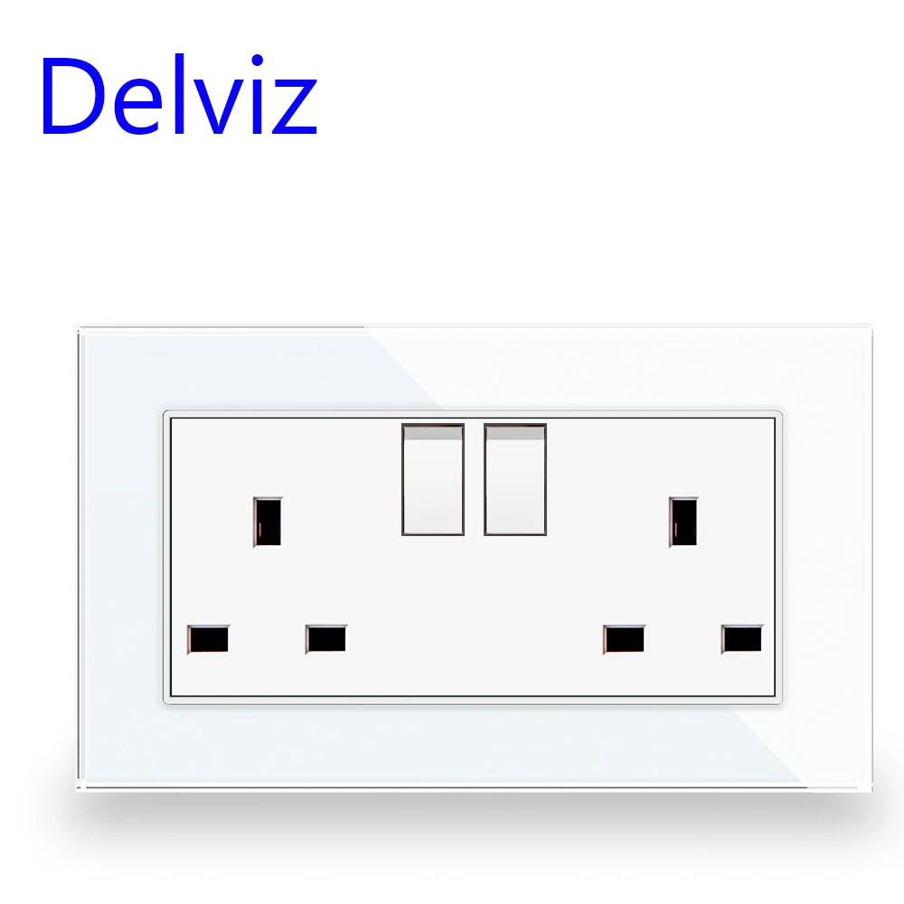 Delviz-enchufe de pared doble 13A, Panel de cristal de vidrio templado sin logotipo, toma de corriente de control de interruptor, enchufe eléctrico estándar del Reino Unido