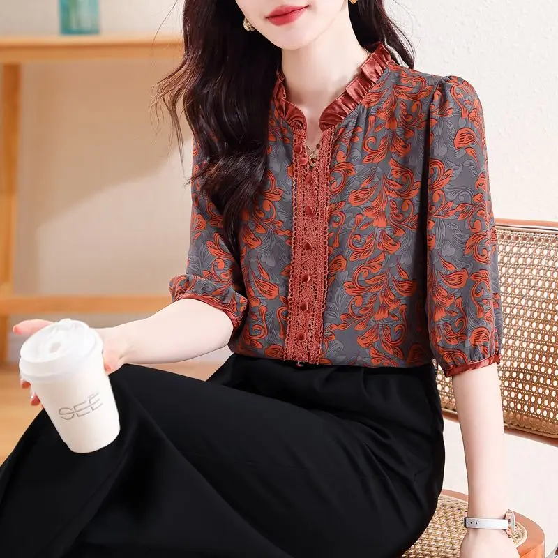 Women Vintage Ruffle Lace Patchwork Blouses Korean Fashion Print V Neck 3/4 Sleeve Shirts Elegant Chic Slim Tops Blusa Feminina