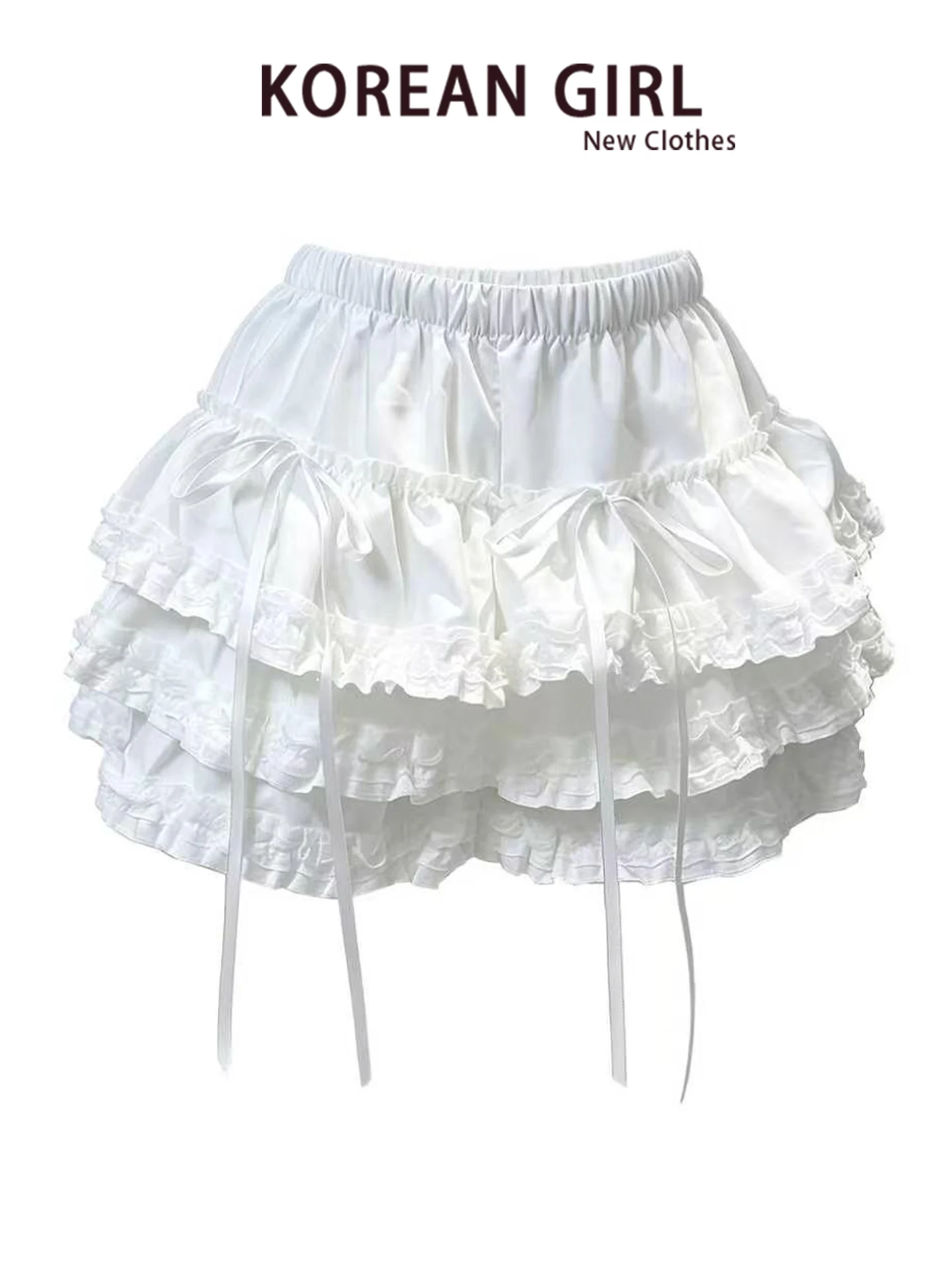 Romantic White Puffy Short Skirt High Waist A-Line  Skirt for Girls Ballet Style Casual  Knot Cake Skirt