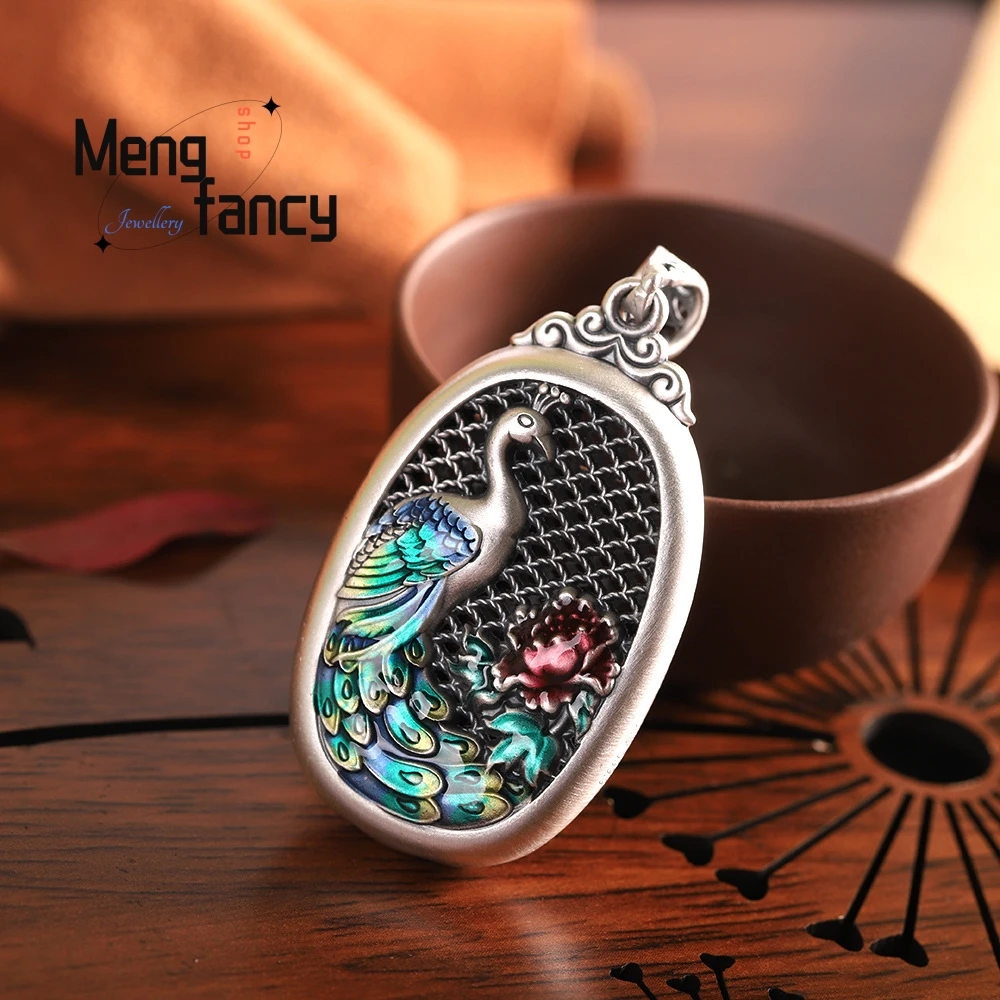 

Openwork Filigree Peacock Double-sided Cryogenic Enamel Pendant 999 Sterling Silver Retro Ethnic Style Exquisite Fashion Jewelry