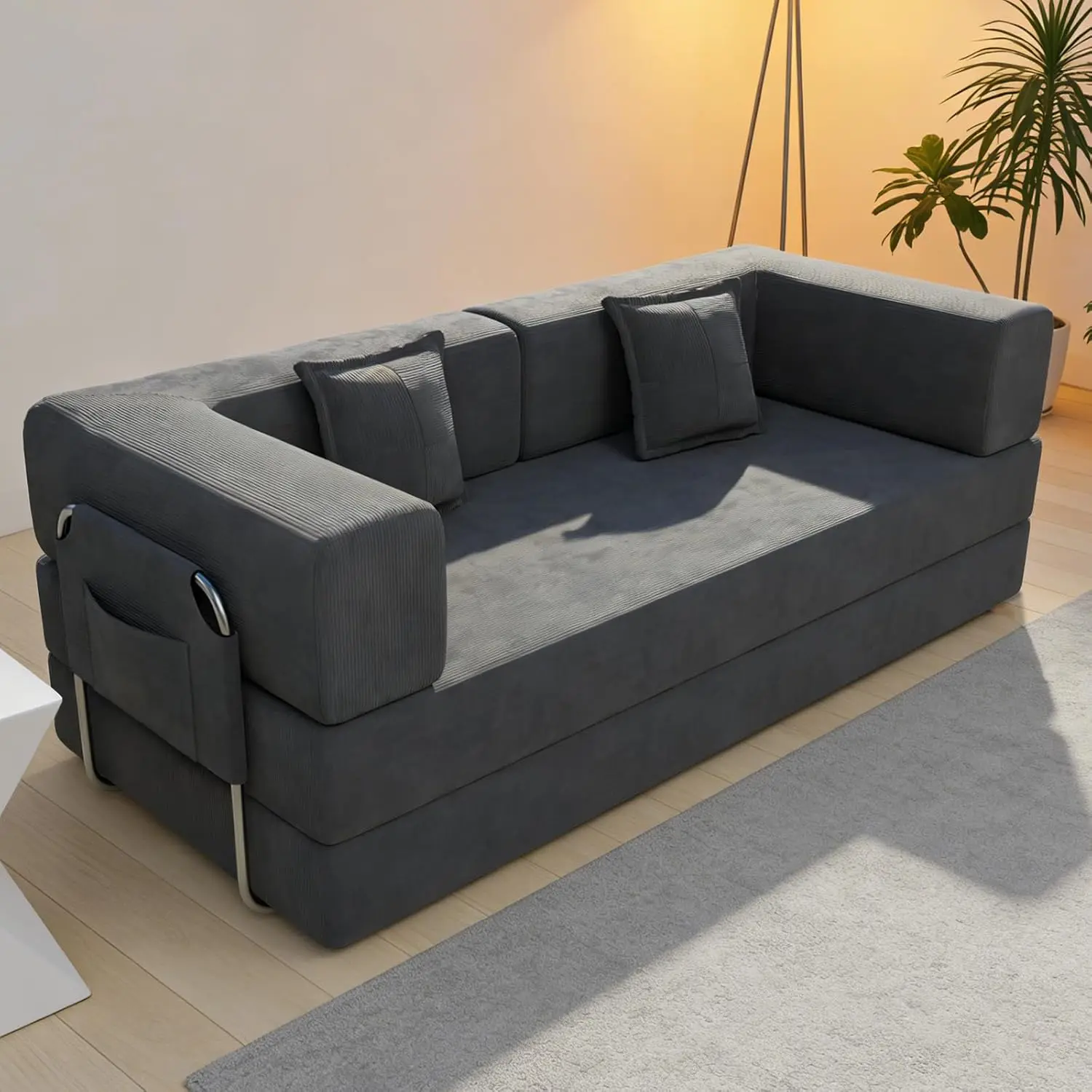 #Convertible Sleeper Sofa Modular Corduroy Foldable Fixed Frame Removable Armrest Backrest No Tool Living Room