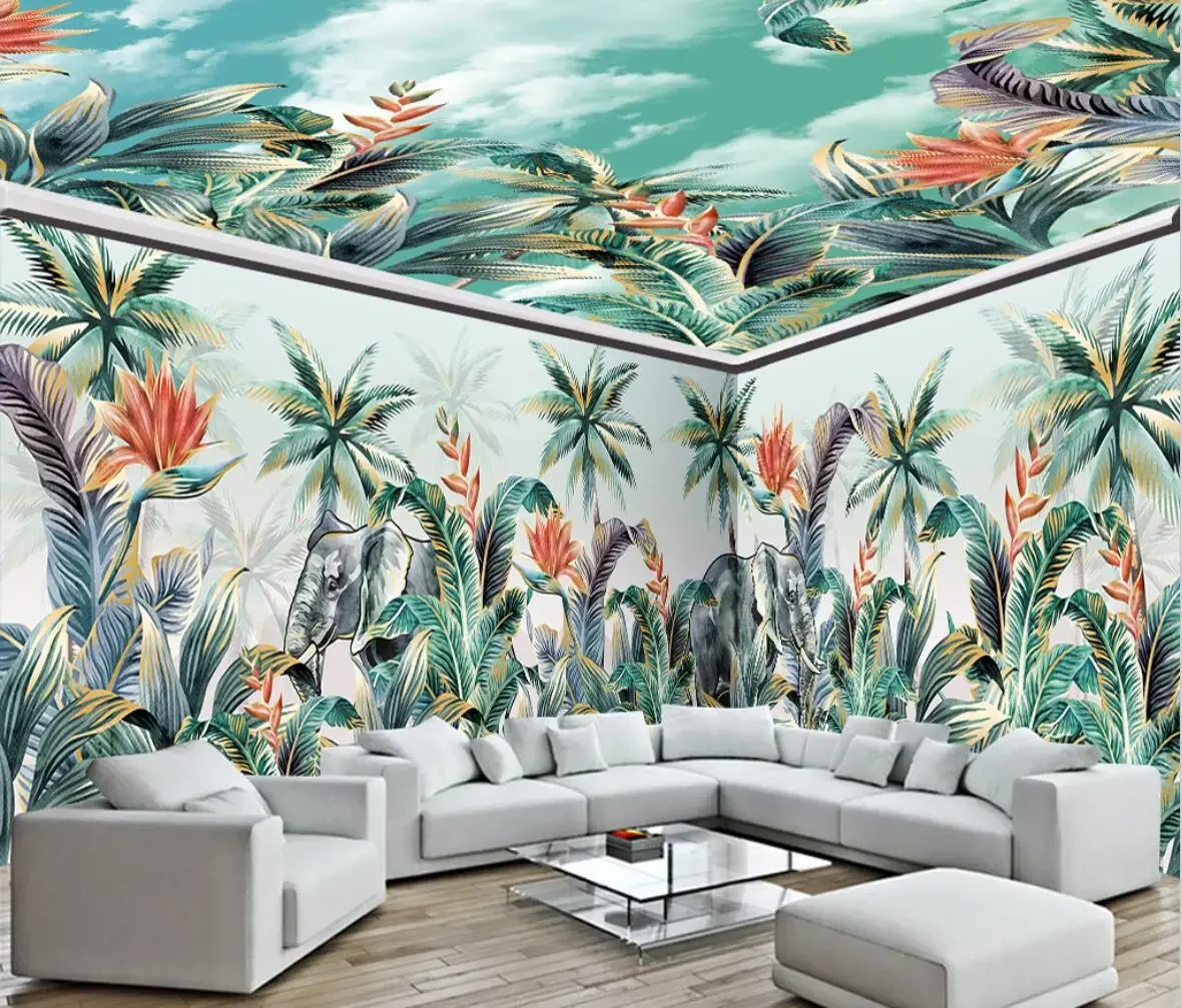

Индивидуальные 3D-обои с тропическим лесом и животными: слон, современный дизайн, фотообои для ТВ-зоны, декор для дома, спальни