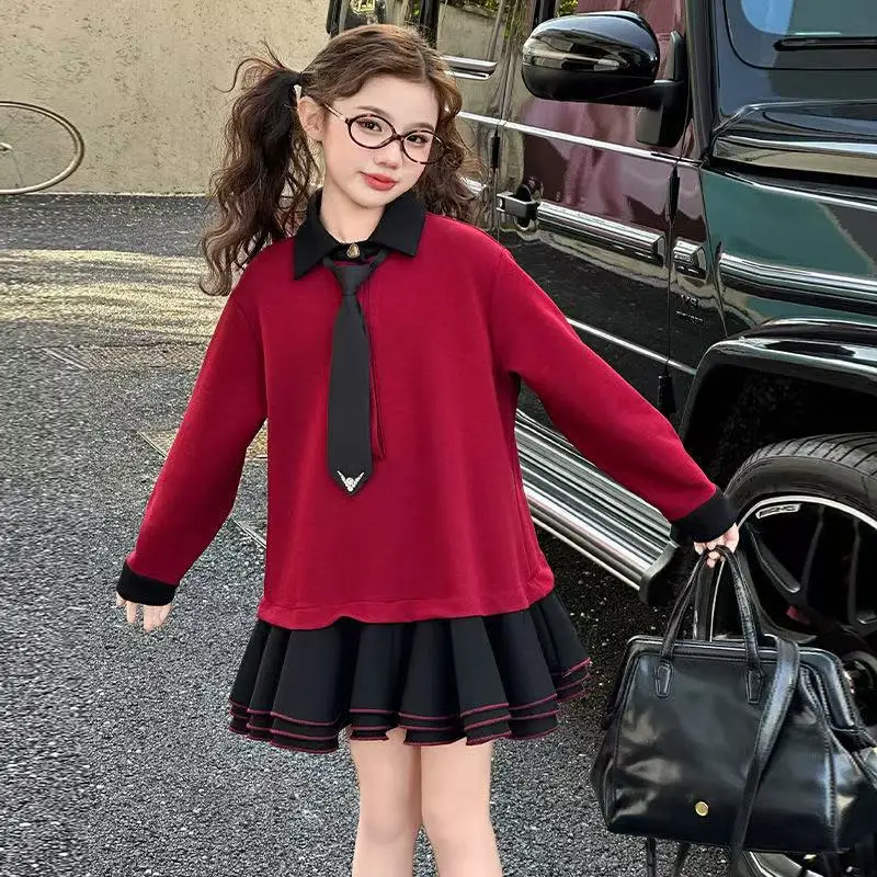 

2025 New Fashion Academy Style Puff Skirt for Children's Spring and Autumn Girls POLO Collar Hoodie Casual Dress