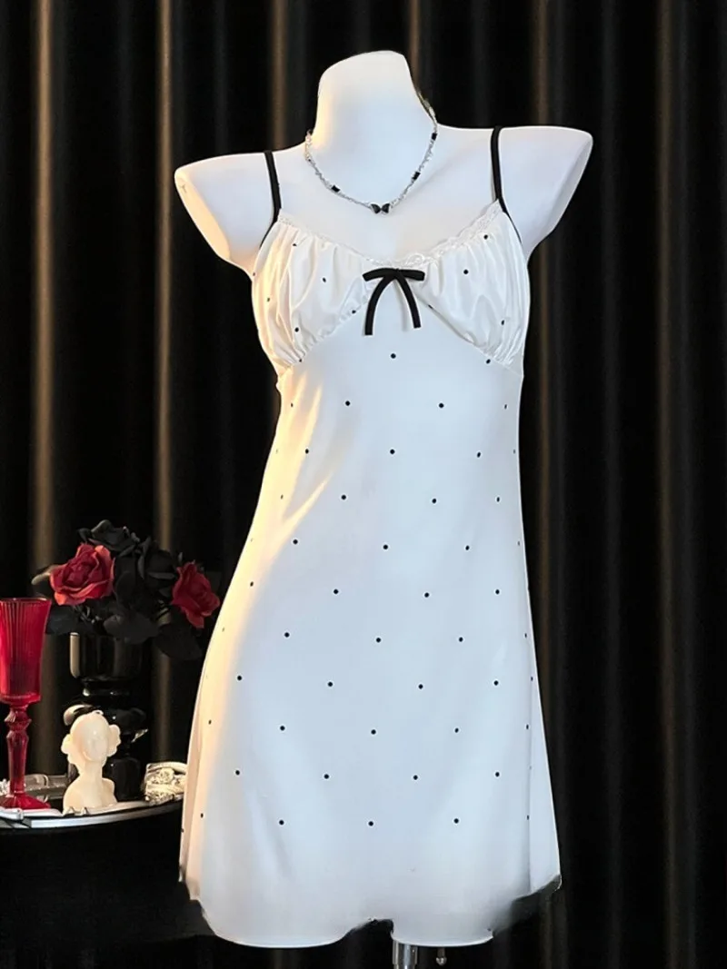 

Pure Desire Style White Halter Nightgown with Bow,Black Polka Dots,Sexy See-Through Pajama,Romantic Date Night LingerieSoft Mesh