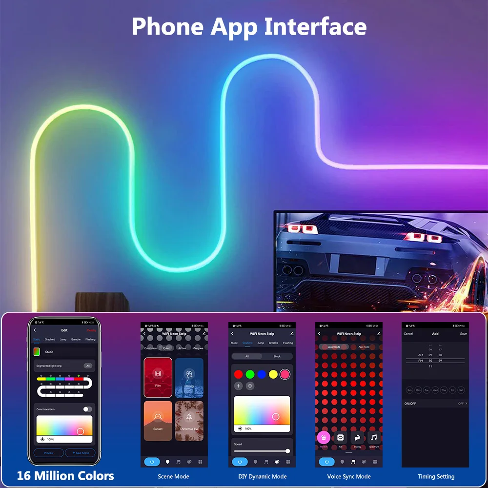 WIFI RGBIC Neon Rope Light DIY LED Strip Flexible Lights APP Remote Control Music Sync TV Backlight Game Living Room Decor IP67