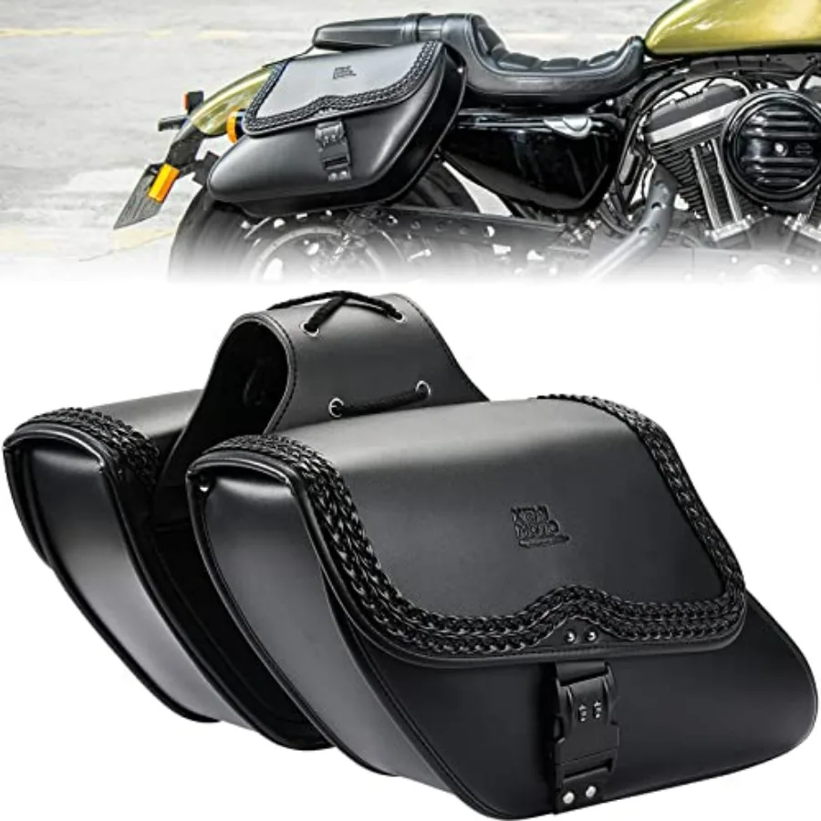 

Motorcycle Saddlebags Synthetic Leather Side Bag with Lock 28L Waterproof Double Strap Studded Slant Saddle Bags Avoiding the T
