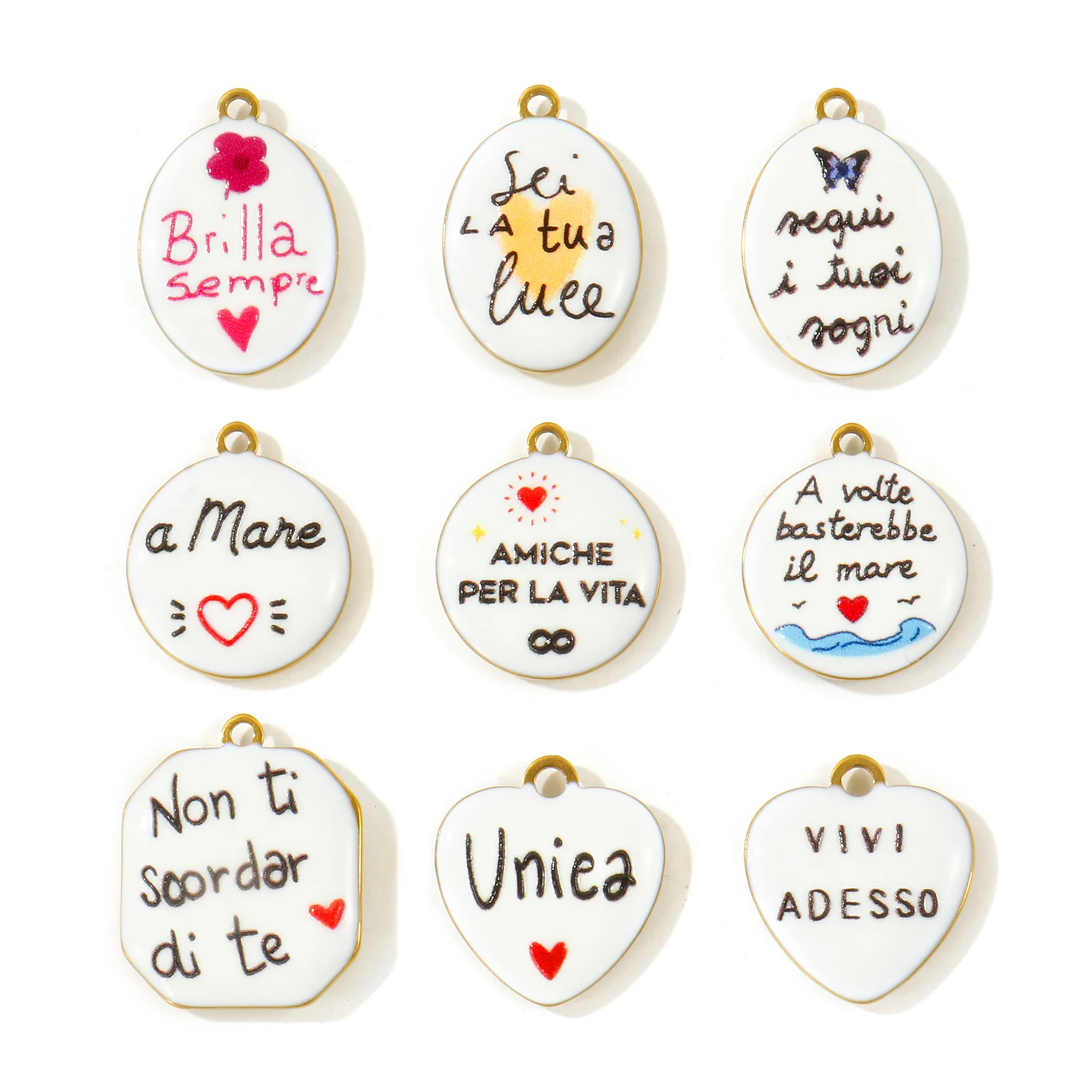 2pcs Italian Words  Multicolor Enamel Double Sided Print Charms 18K Gold Plated Geometric Stainless Steel Pendant DIY Jewelry