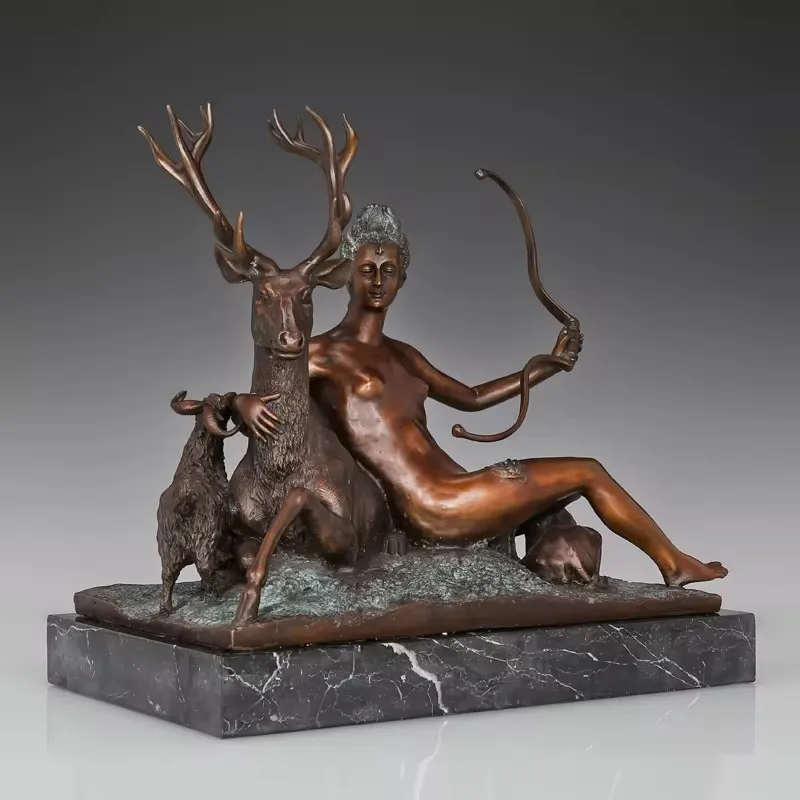 

Greek Hunting Goddess Sculpture Art Diana Artemis with Deer Statue Hot Casting Bronze Brass Home Decoration Gifts