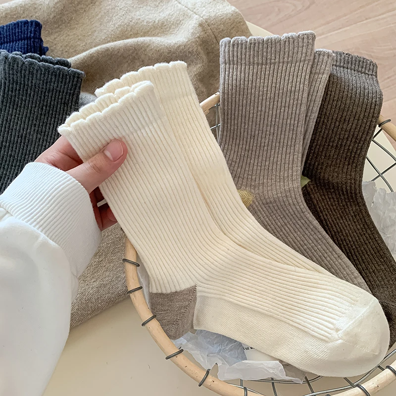 Meias retrô para mulheres, nova moda, cores mistas, casuais, longas, meninas, com babados, doce, simples, estilo coreano, meias grossas ao ar livre