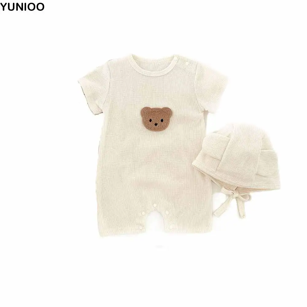 

Short Sleeve Baby Romper Soft Fabric Cute Bear Design Cartoon Bear Bodysuit Pure Cotton Waffle Texture Infant Romper