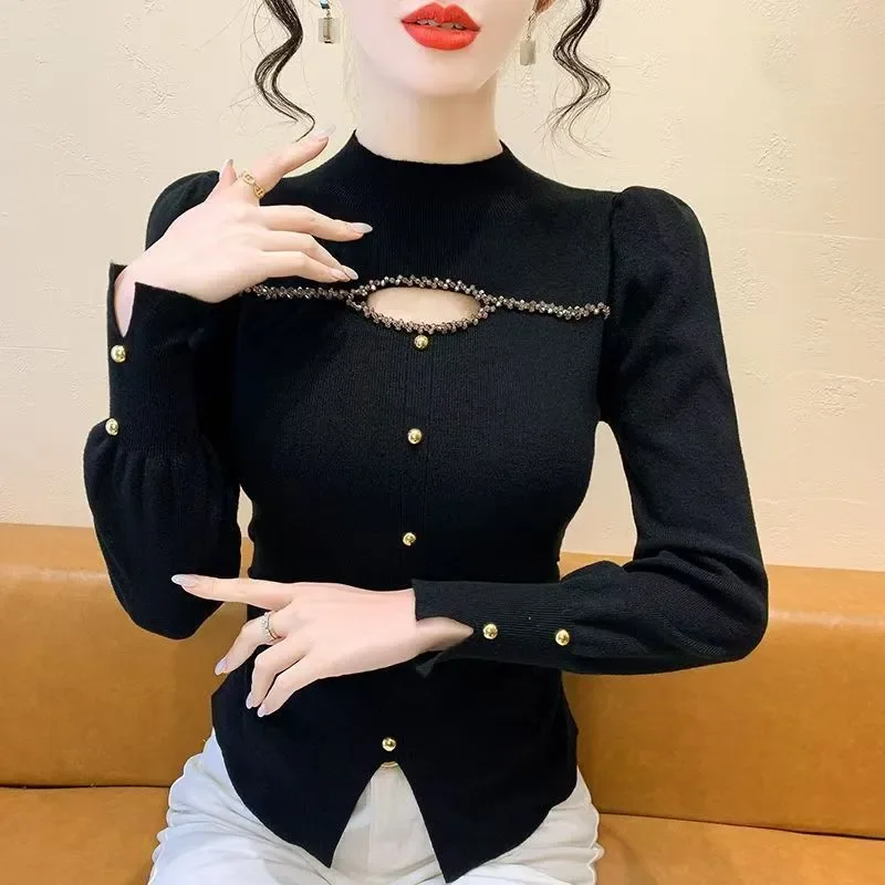 2025 Fashion Top Beaded Half High Neck Knitted Base with Fall and Winter New Design Feeling Niche and Slim Sweater