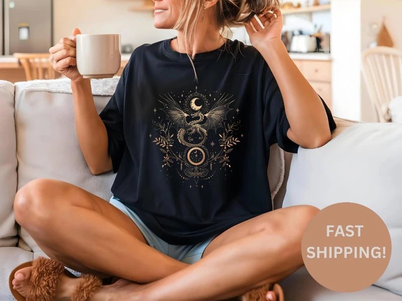 

Celestial Dragon and Moon Phase T-shirt _ Witchy Boho Sun & Moon Tee with Floral Design - Golden Dragon and Crystal Occult Shirt