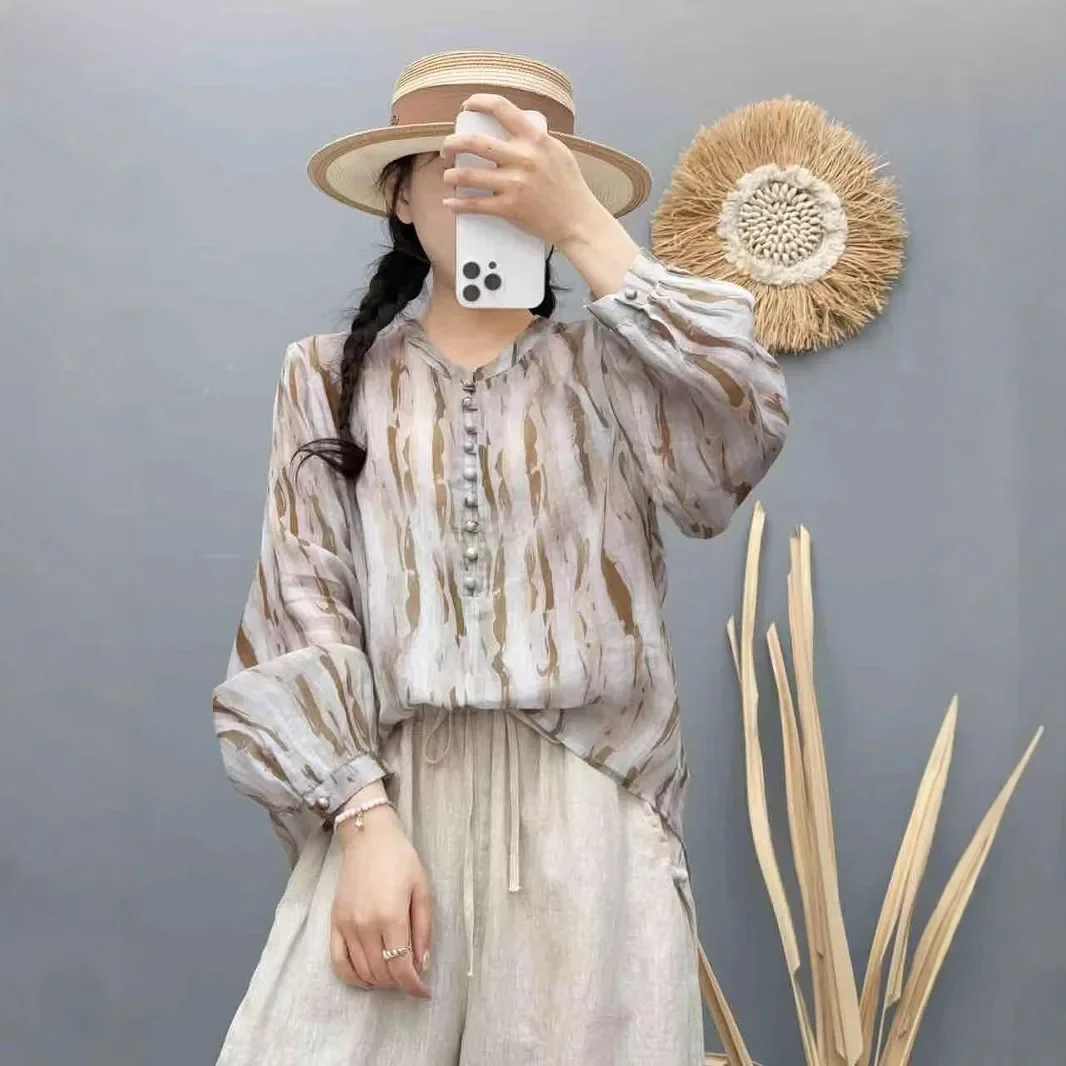 

striped shirt women's 2025 spring and summer literary temperament stand-up collar loose long-sleeved pullover sunscreen top