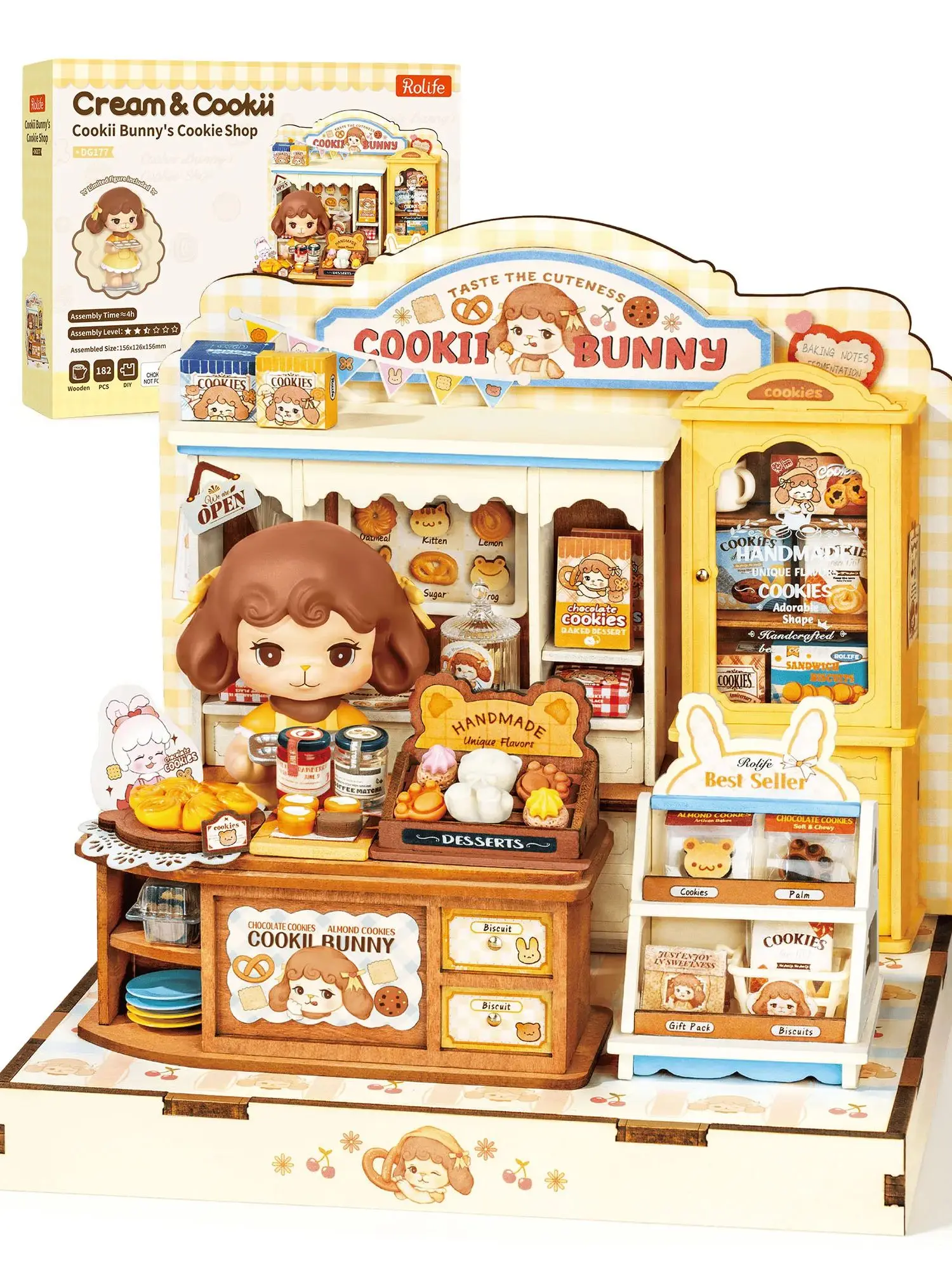 

Rolife DIY Miniature Dollhouse Kit Cookii Bunny's Cookie Shop Wooden 3D Puzzle Toys Gifts for Adults 182PCS Tiny House with LED