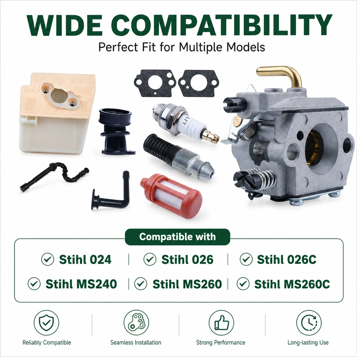 Carburetor Kit Fuel Filter Oil Filter Intake & Oil Hoses For Stihl MS260 MS260C Parts Fits Walbro WT-426 Replaces 1121 120 0650