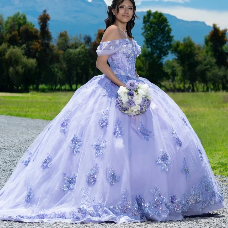 فساتين Quinceanera لامعة من الخزامى قبالة الكتف مزين بالترتر والدانتيل مطرز بالخرز TTull فستان حفلة عيد ميلاد حلو 16