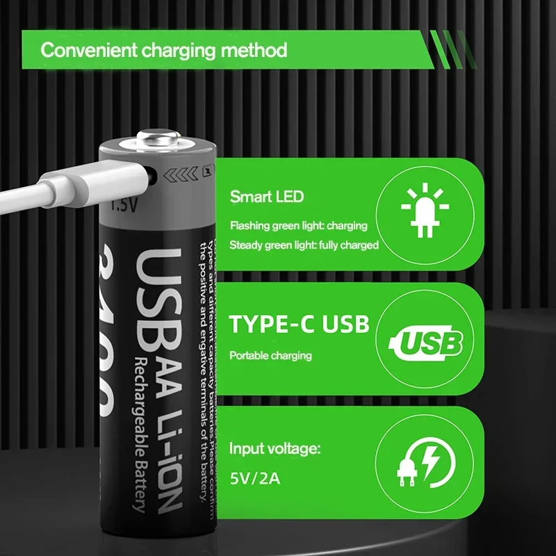 Rechargeable AA Battery 3400mAh USB Type-C 1.5V Lithium Battery for Hunting Camera Remote Control Mouse Door Lock