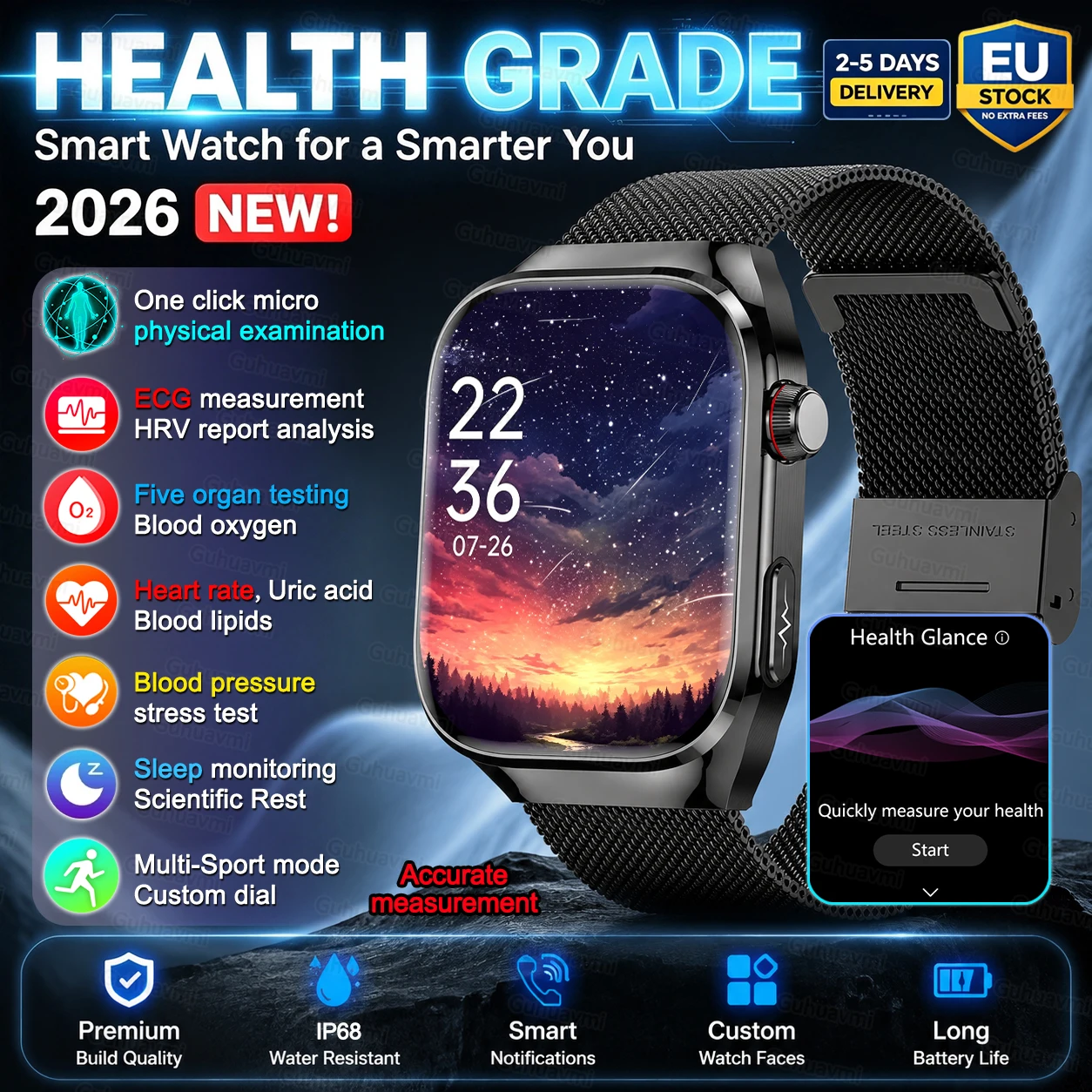 Reloj Inteligente para Hombre, ECG + PPG, Pantalla AMOLED, Esfera Personalizable, Múltiples Modos Deportivos, Correa Transpirable e