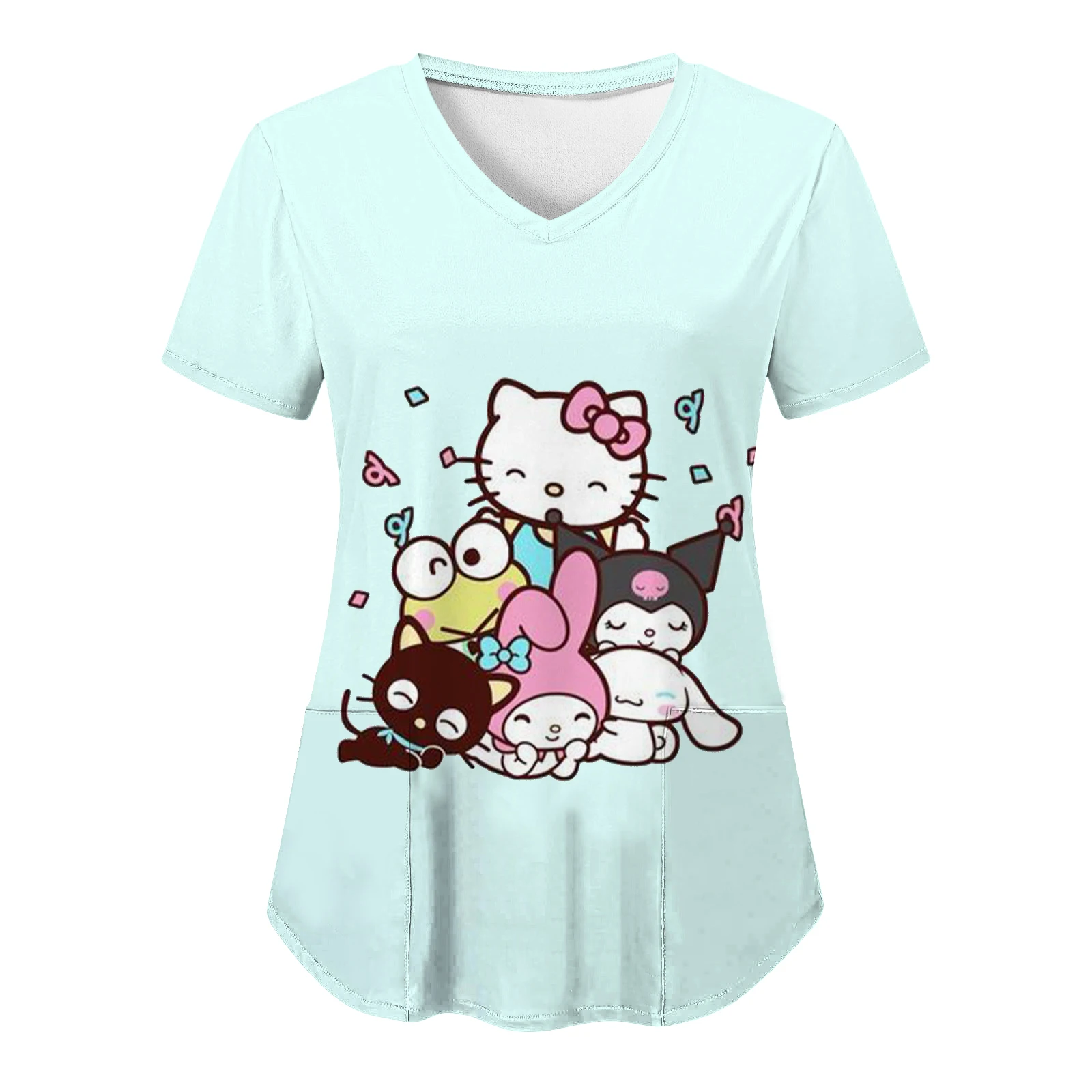 Sanrio Kuromi Hello Kitty Pocket Top 3D Print Y2k Cartoon V Neck Women T-shirts T-shirt New Woman Clothing Nurse Uniform Summer