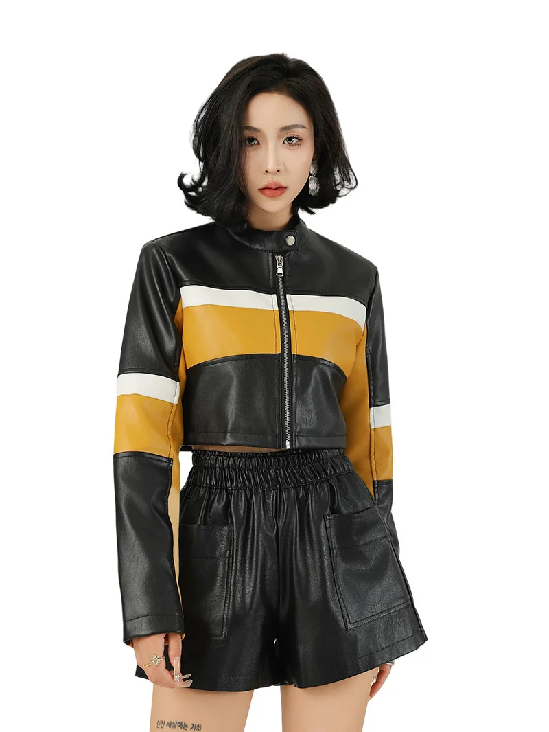 Moda kontrastowa łączona skóra bardzo krótka kurtka damska szczupła seksowna kurtka kurtka motocyklowa Streetwear PU odzież wierzchnia wiosna jesień