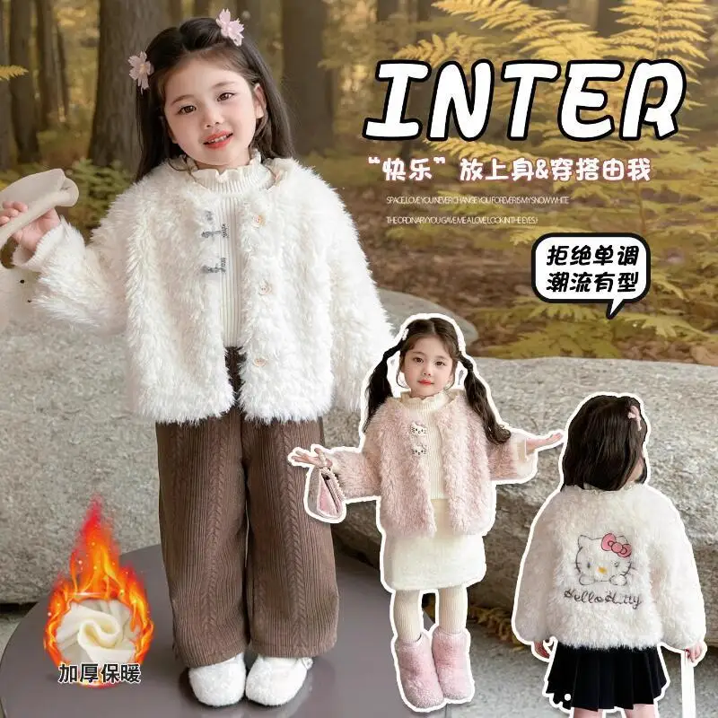 

Популярное пальто Sanrio для девочек Hello Kitty Kawaii, зимнее студенческое пальто в стиле аниме, сохраняющее тепло, плотное пальто из искусственного меха, топы, детская одежда, новый стиль