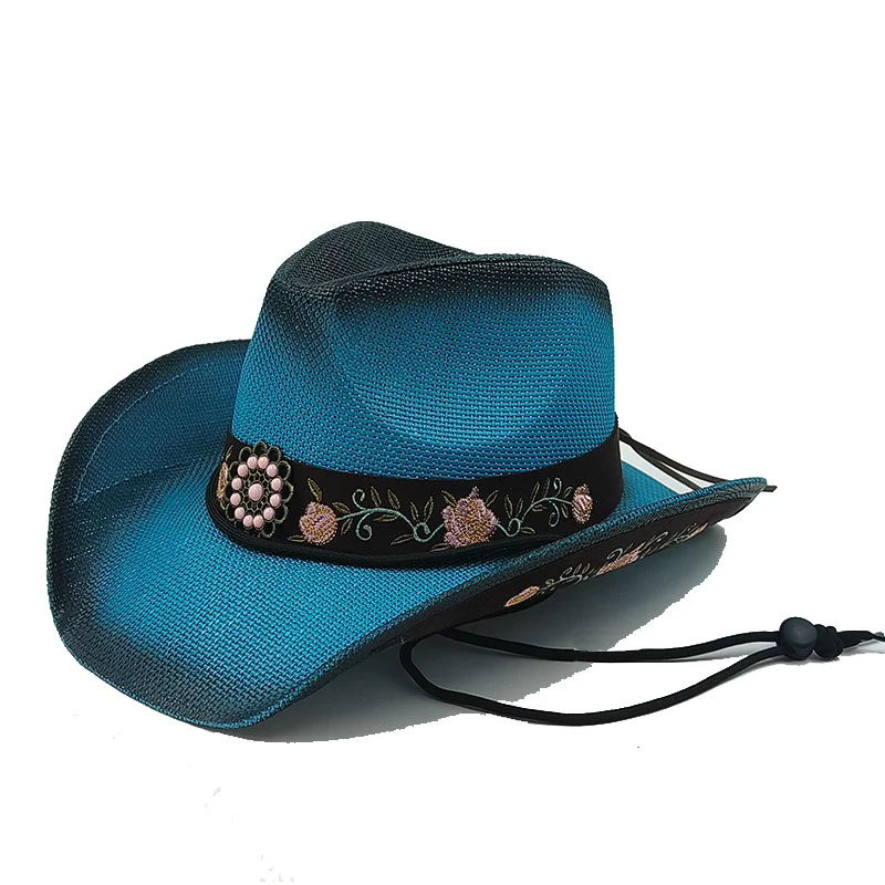 Western Cowboy Straw hat emboried flower women hat Large Brim straw hat summer cowboy Sunshade Jazz Hat sombrero vaquero hombr