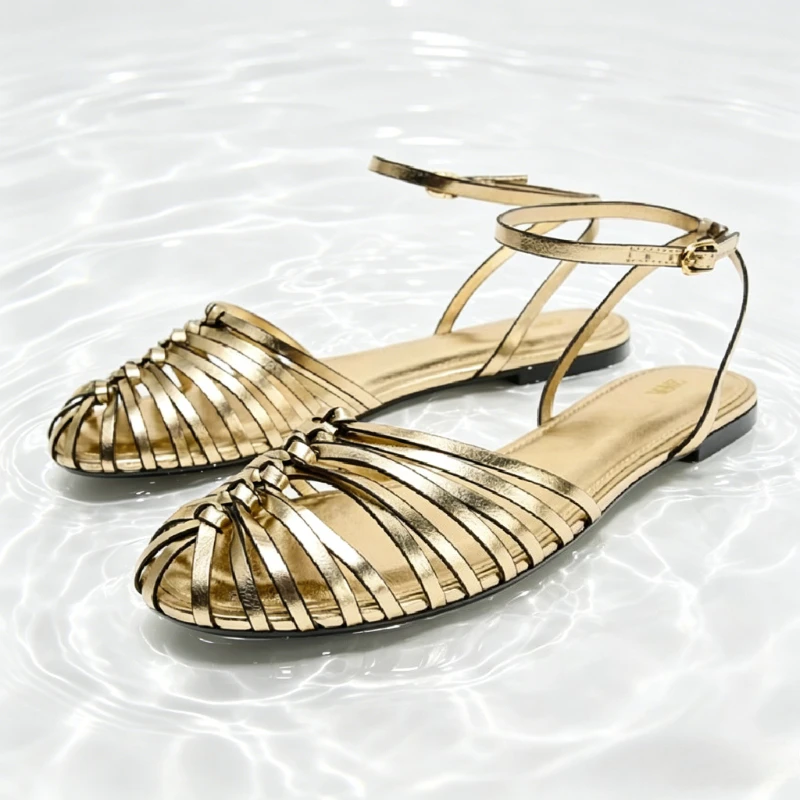 

Unique Metallic-effect Cage Flat Sandals Women Fashion Round-toe Ankle Strap Buckle Gladiator Sandals Summer Vacation Beach Shoe