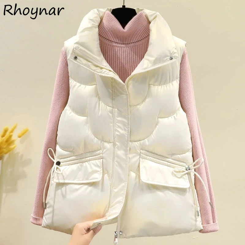 

Cotton Vests Women Glossy Solid Loose Pockets Bandage Zipper Sleeveless Clothing Autumn Winter Stand Collar Outerwear Casual