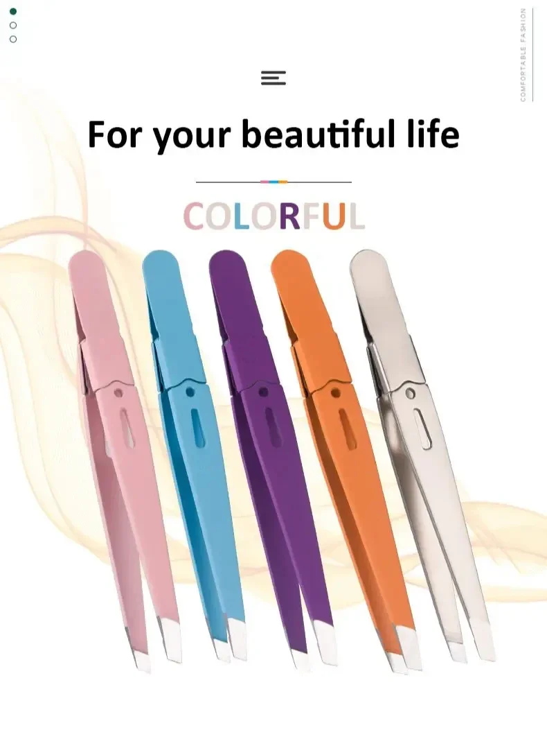 QIWU 眉毛ピンセット 1個 カラフル ヘアビューティー アイブロウクリップ 除毛 メイクツール 細い毛抜き ステンレス製 斜め