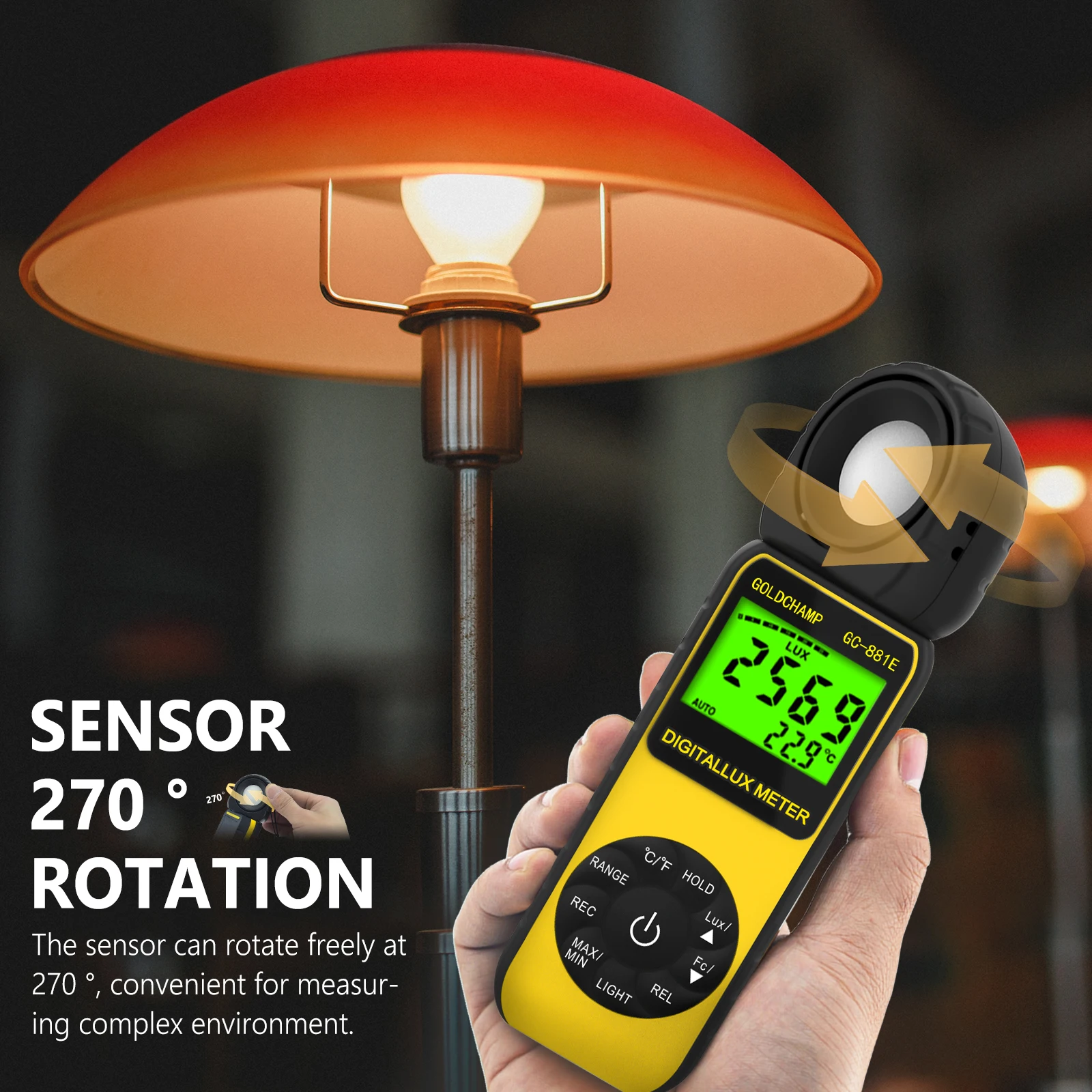 Esposimetro, Luxmetro digitale, Fotometro per la misurazione della luce 300.000 Lux con mantenimento dei dati, LCD con retroilluminazione, 270 °   Girevole
