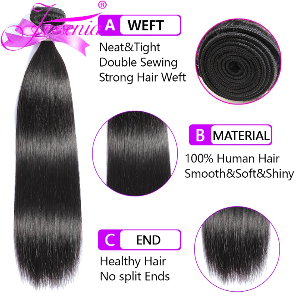 Bone Straight Brazilian Weave Extensions, Tecer Extensões, Transparente HD Lace Encerramento, 13x4 Frontal, 3/4 Pacotes