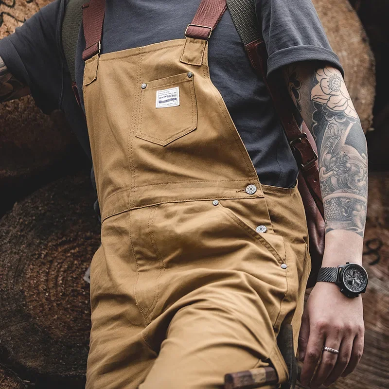 Japanese Vintage Khaki Suspenders Bibs Spring Autumn Canvas Cargo Pants Streetwear Men Rompers Full Length Trousers Jumpsuits