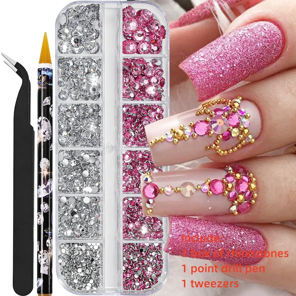 12Gird 3D Glas AB Kristall Nail Art Strass Kit Flatback Runde Perle Charm Edelsteine Schmuck Diamant mit Werkzeugen für Nail Art
