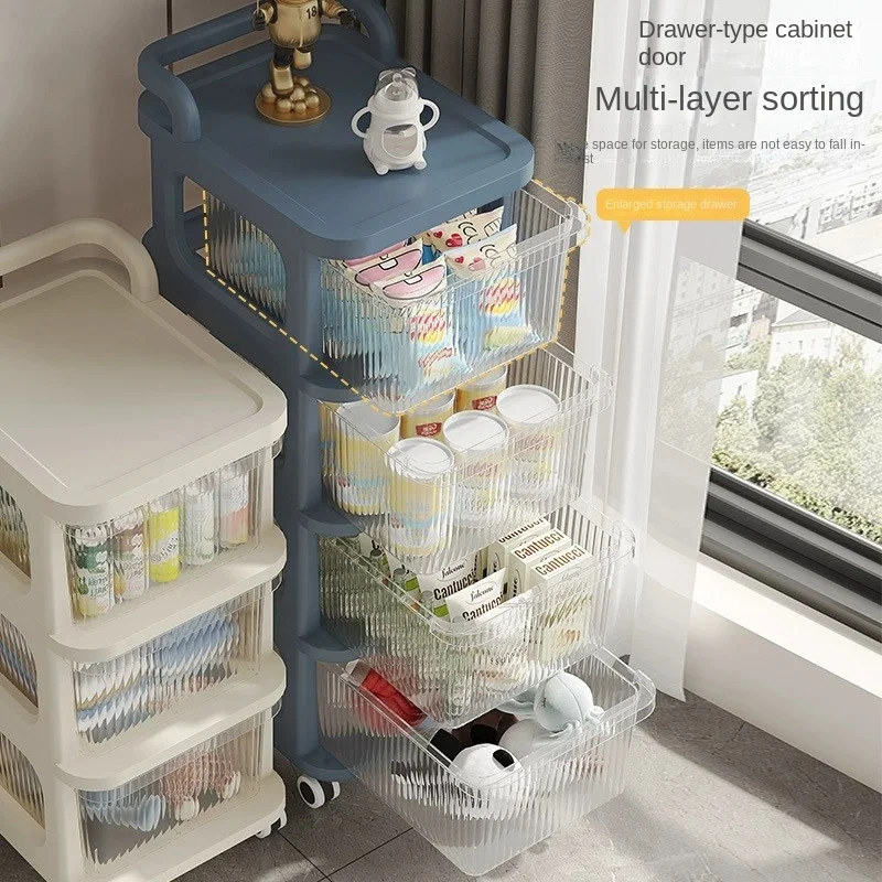 Transparent drawer trolley rack, snack toys, baby products storage cabinet, sundries storage rack with wheels