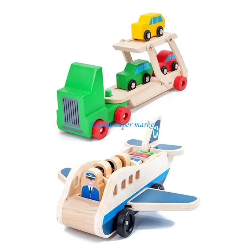 

090B Wooden Trailer Building Block Car/Plane Model Toy Children’s Party Favor Set