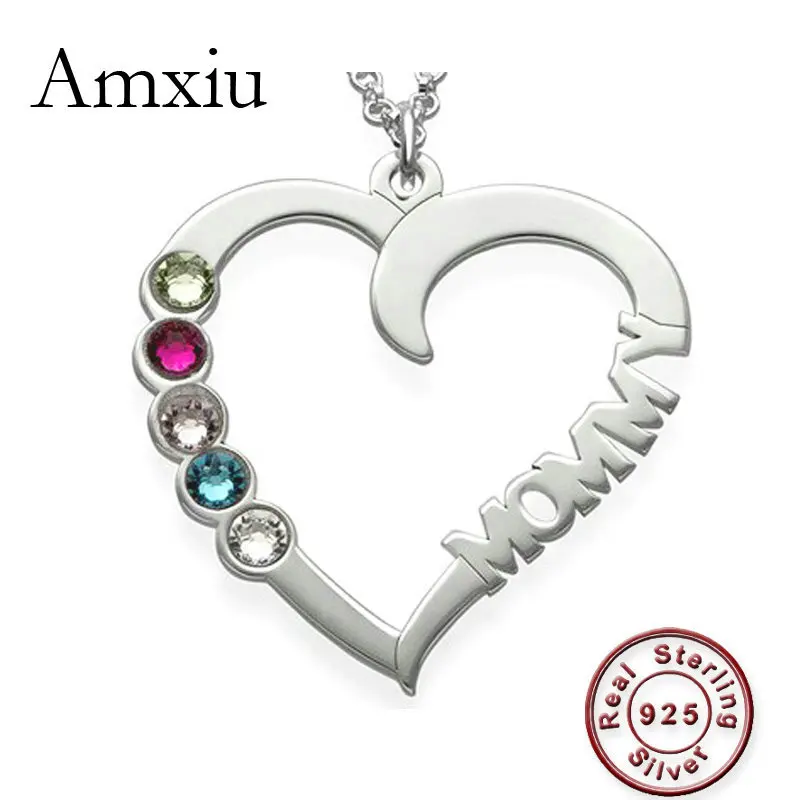 

Amxiu Personalized Name Necklace 100% 925 Sterling Silver Jewelry Heart Choker Necklace with Five Birthstones Women Mother Gift