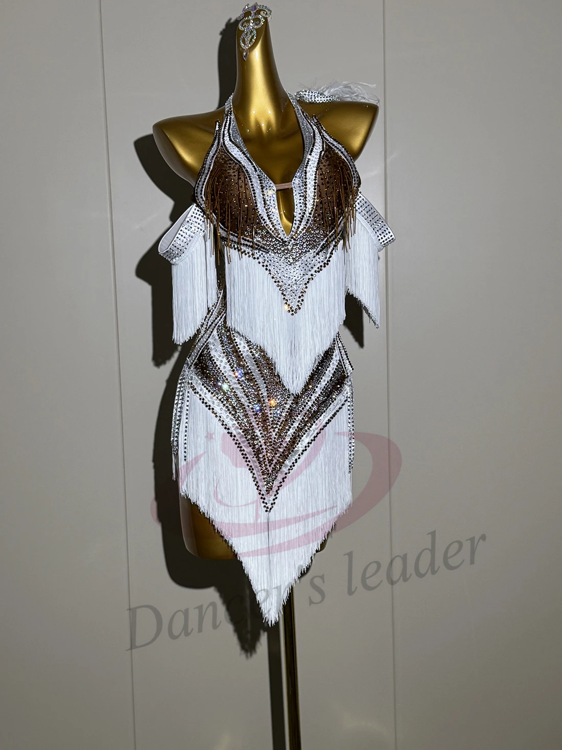 Latin Dance Adult Children's Dress AB Diamond High-End Custom Splicing White Tassel Dress Professional Dance Costume
