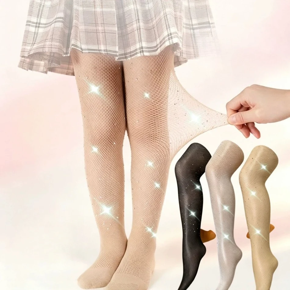 Kids Sparkly Rhinestone Fishnet Tights Glitter Mesh Soft Stretchy Girls Cosplay Festival Stage Party Costume Pantyhose Socks