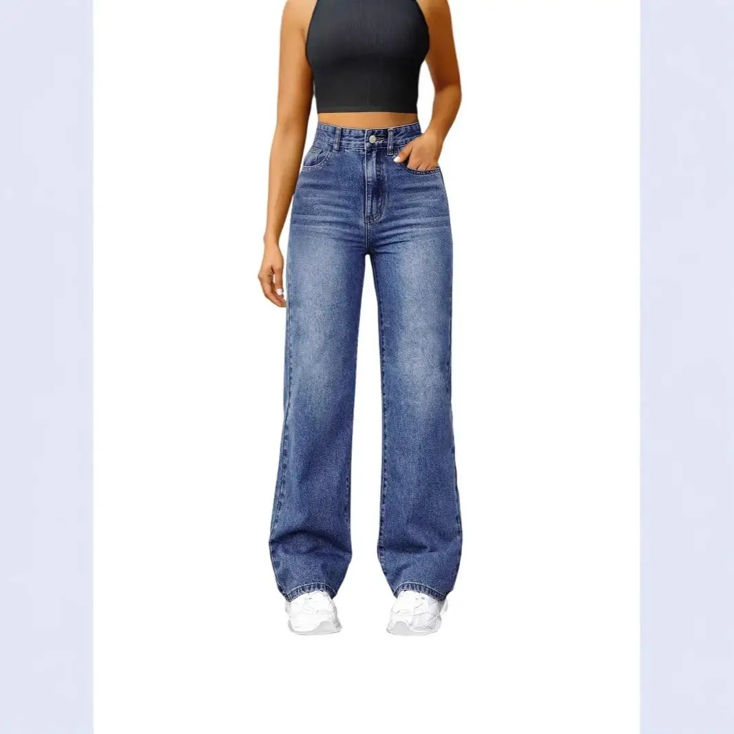 

Повседневные прямые джинсы с эластичным поясом, синие, из хлопкового денима, женские модные прямые леггинсы с высокой эластичностью