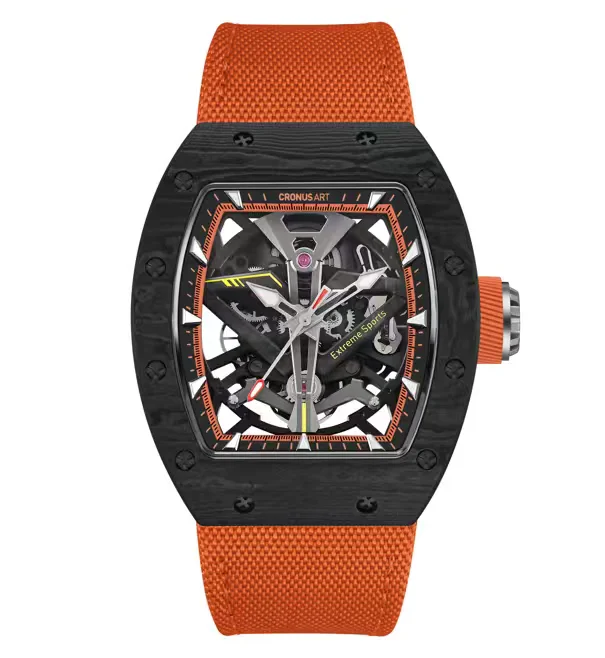 

CRONUSART Men Automatic Watch 50mm Carbon Fibre Case Tonneau Mechanical Wristwatch Luminous Skeleton Dial Nylon Strap