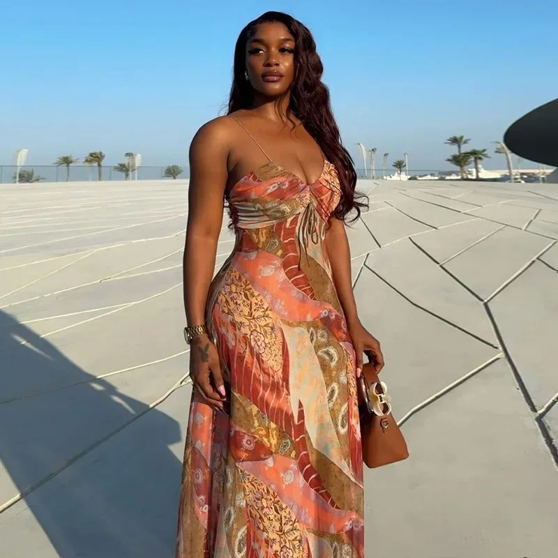 

Women's Floral Print Halter Lace-Up Chest Wrapped Sleeveless Backless Hips Wrapped Long Dress, Light & Thin, Sexy