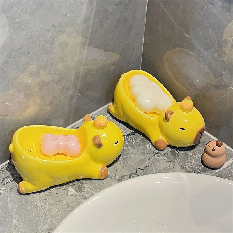 Kapibala Soap Box Rack Bathroom Household Ceramic Cute Water-Free Cartoon Soap Dish Yellow Bathroom Storage Box