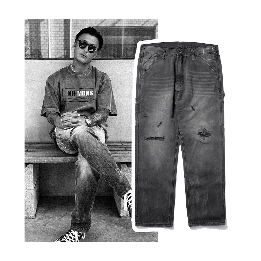 

Retro ey Denim Overalls Waed Wood Cutting Workwear Low Waist Straight Leg Cotton Jeans Youth Casual Vintage Sle