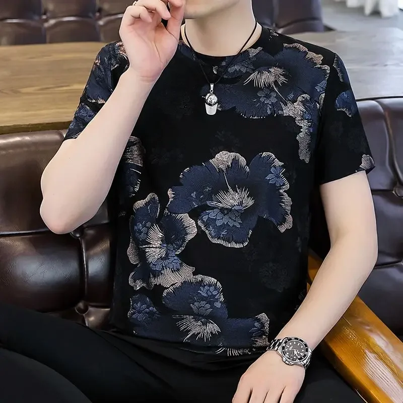 

Men's T-shirt Ice Silk Baggy Quick-drying Big Flowers Tops Print Stylish Cool Basic Funny Fashion Chic Casual Male Tees Shirts