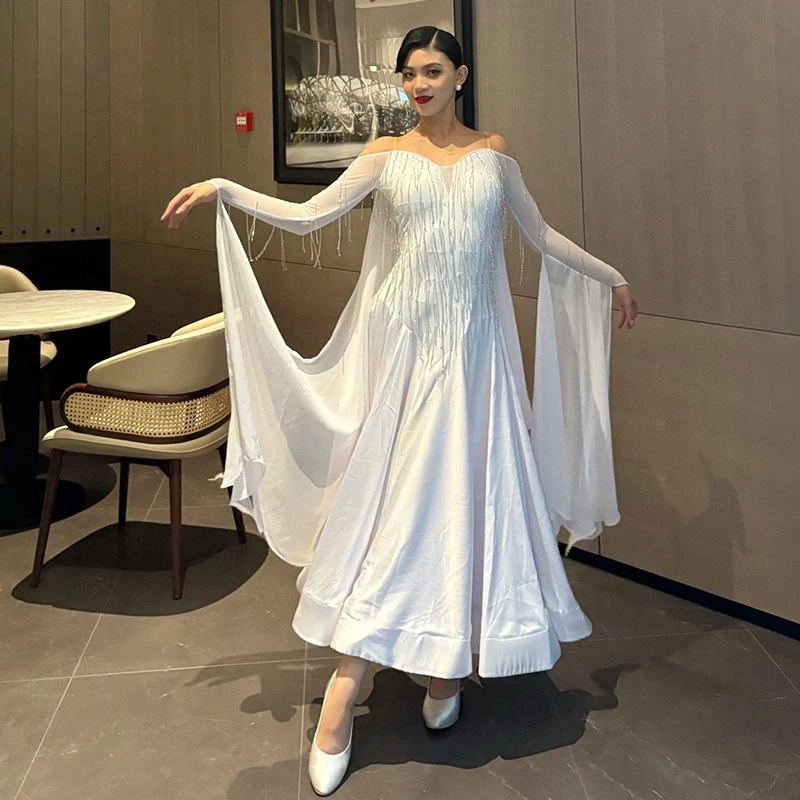 White Ballroom Dance Competition Dress Women High End Waltz Dance Costume Prom Performance Long Dress Satin Fringe Dress BL18119