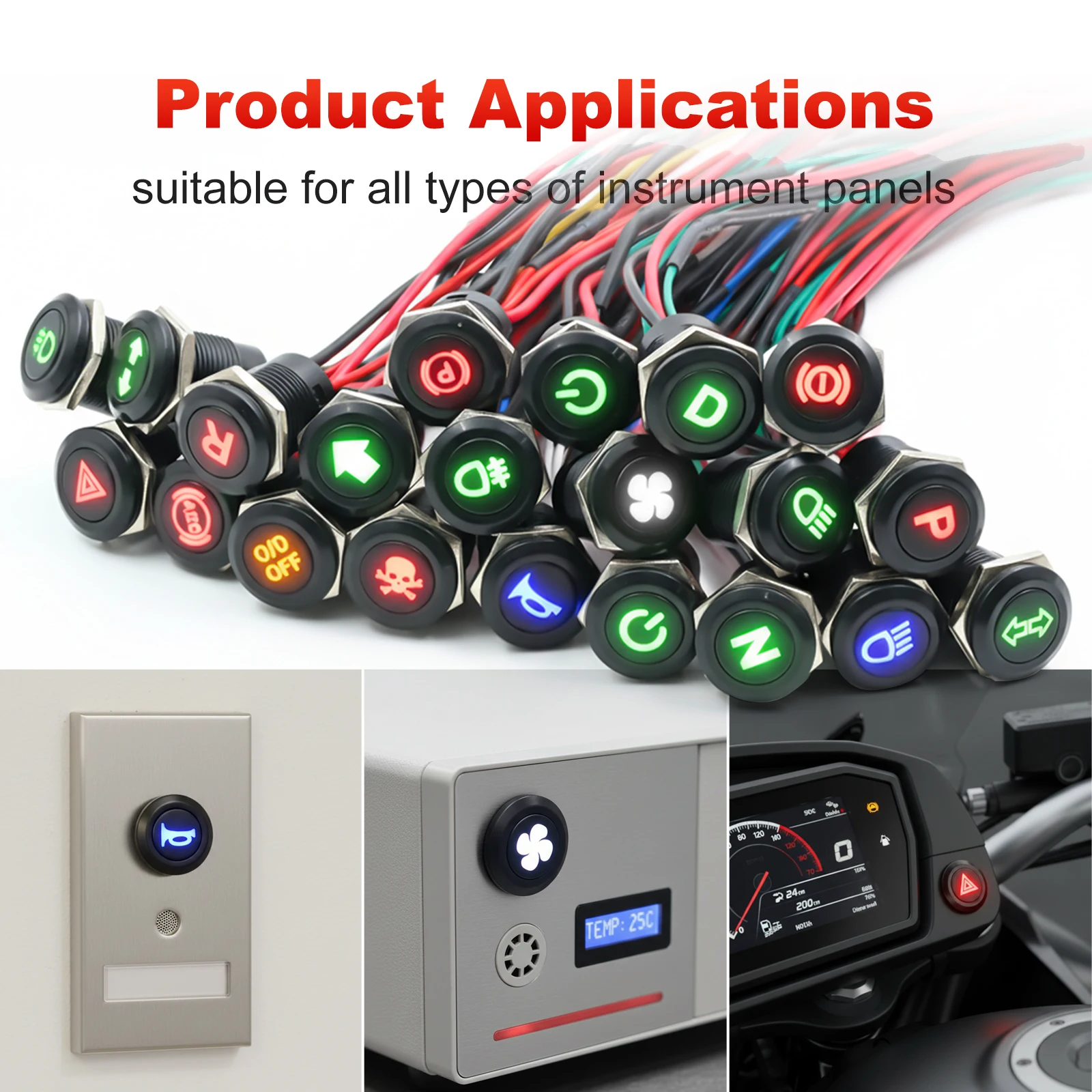 FILN 12mm vorverdrahteter Kunststoff-Drucktaster IP65 wasserdicht 12V 24V LED-Symbol Momentanschalter für Auto und Boot – Detail 5