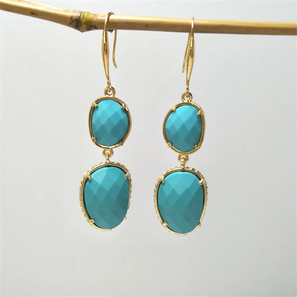 1 Pairs Of Artificial Turquoise Stones Earrings,Goden Plated Drop Women Dangle Earring Holiday Wedding Jewelry Gifts ER010