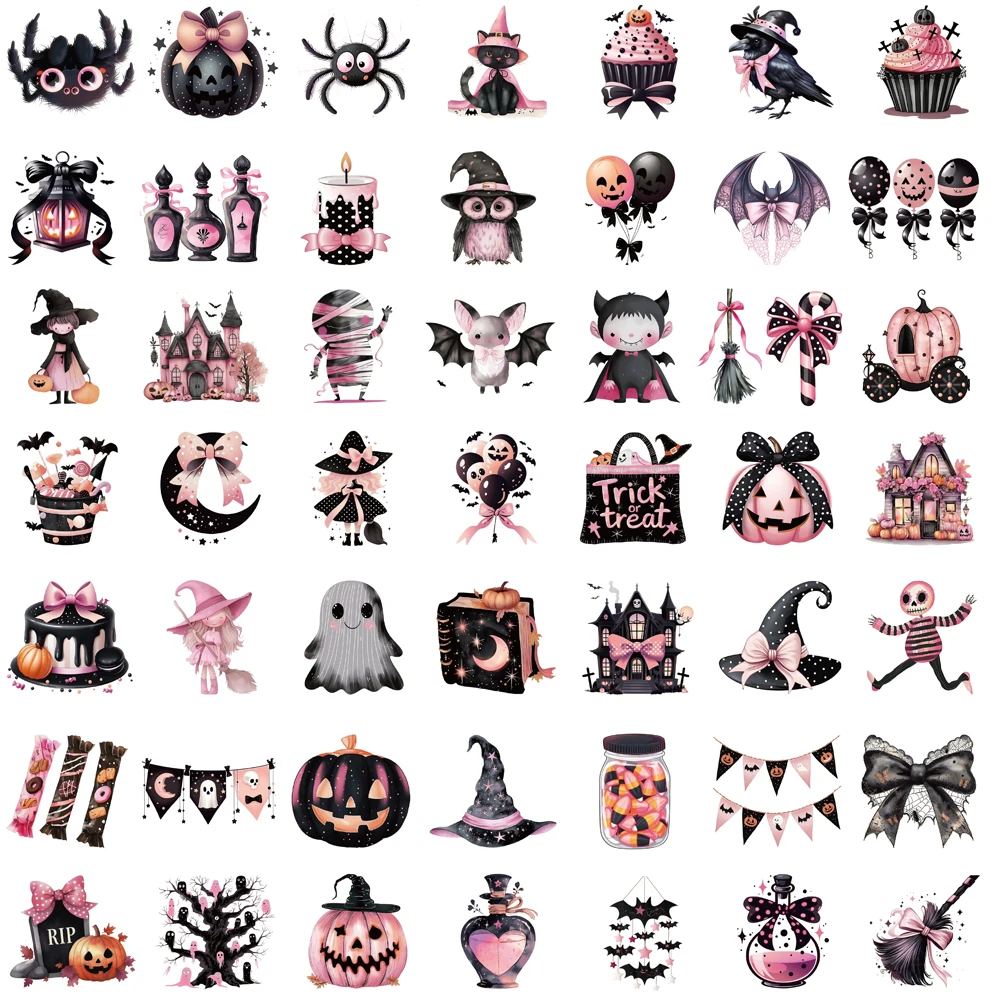 50 قطعة من ملصقات الهالوين اللطيفة باللون الأسود والوردي والدراجة القوطية المقاومة للماء للأمتعة والقهوة والظلام وملصقات الهاتف المحمول #6