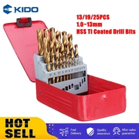 KIDO 13/19/25PCS 1.0~13mm HSS Ti Coated Drill Bits Straight Shank Set For Metal Woodworking Drilling Power Tools With Metal Box